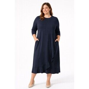 J Jill Ponte Knit Dress Womens Large Blue Midi Pockets Ruffle Hem NEW